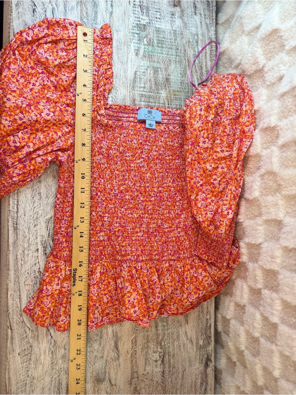 CeCe Women’s Floral Smocked Peplum Top in Orange Pink 100% Cotton - Picture 6 of 6